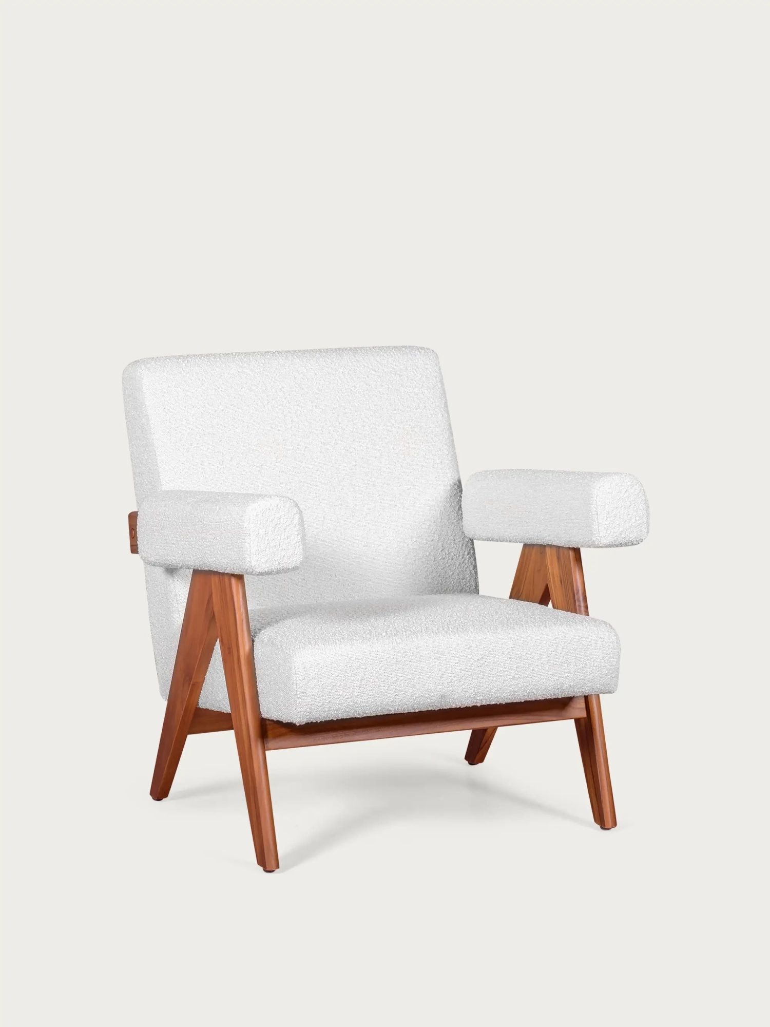 Rustic armchair in solid teak wood and bouclé upholstery - Compass FurnMod - 1