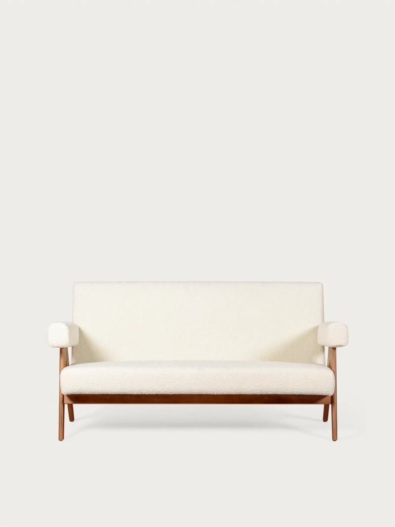 Sofá vintage en madera de teca y tapizado en boucle - West FurnMod - 1