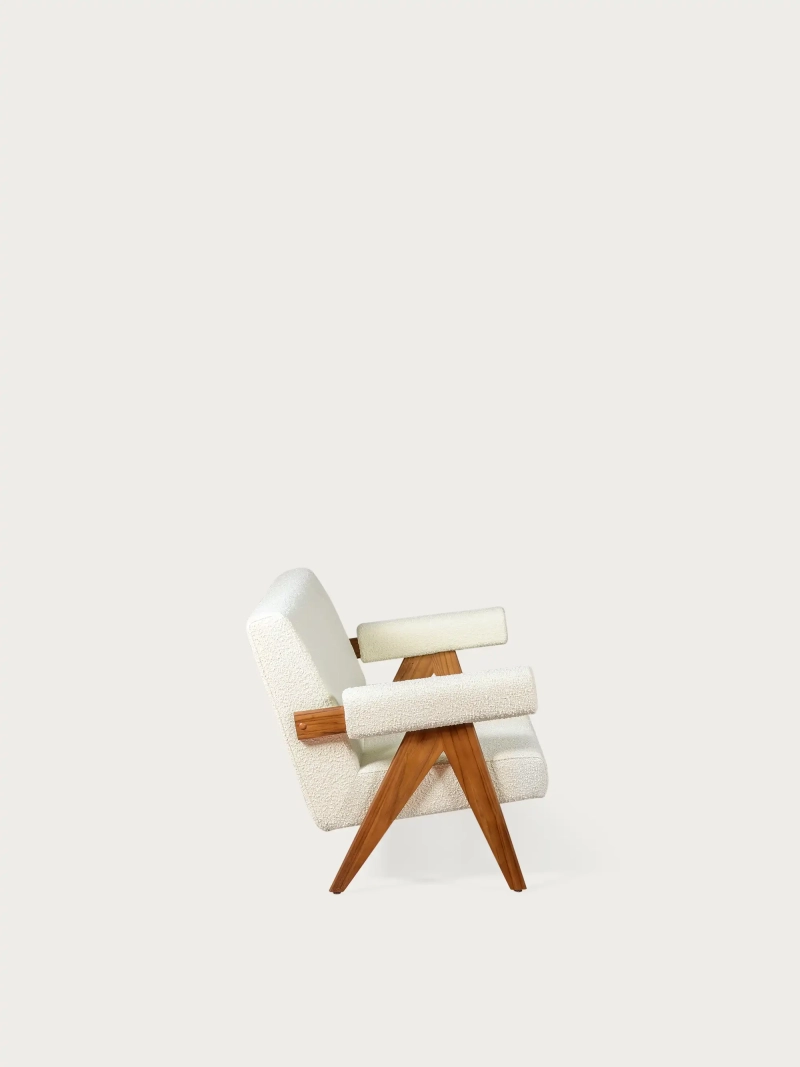 Vintagesoffa i teakträ och boucleklädsel - West FurnMod - 1
