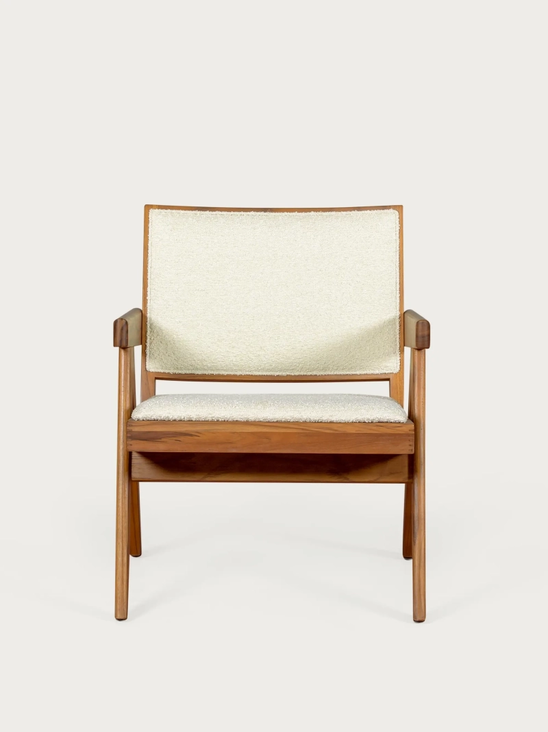 Sillón clásico con reposabrazos en madera de teca y tejido bouclé - Compass FurnMod - 9