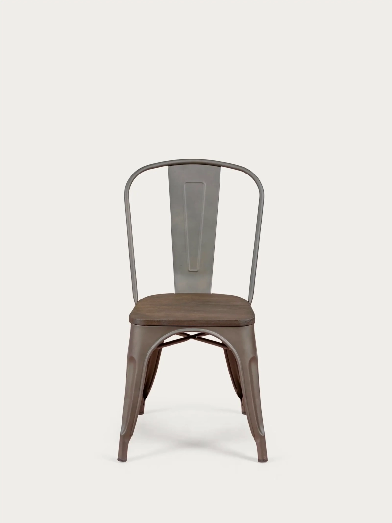 Silla industrial envejecida con asiento de madera oscura - Bistro FurnMod - 1