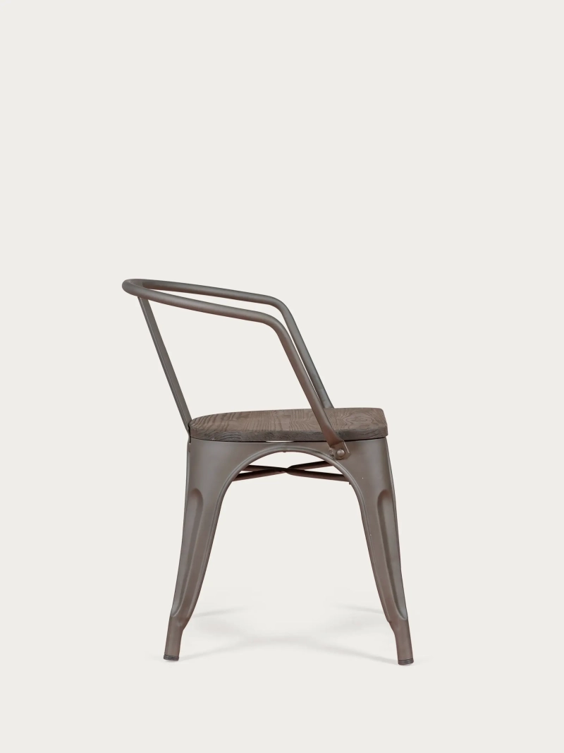 Gealterter Industriestuhl mit Armlehnen und Holzsitz - Bistro FurnMod - 5