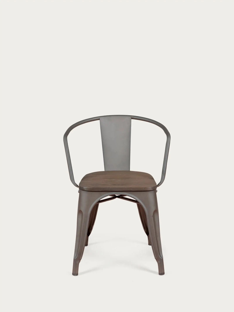 Silla industrial envejecida con reposabrazos y asiento de madera - Bistro FurnMod - 4