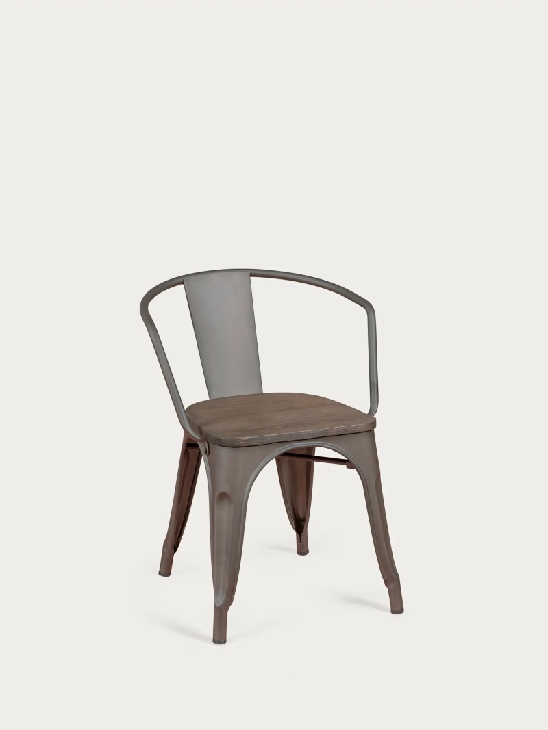 Chaise industrielle vieillie avec accoudoirs et assise en bois - Bistro FurnMod - 1