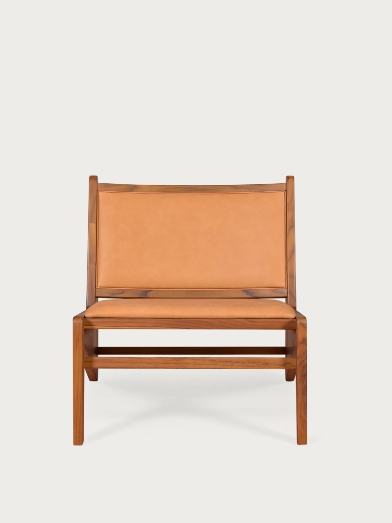 Sillón bajo en madera de teca maciza y tapizado en piel italiana - Compass FurnMod - 1