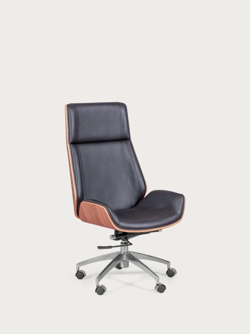 Nordic High-Back Walnut Office Chair with Italian Full-Grain Leather - FurnMod