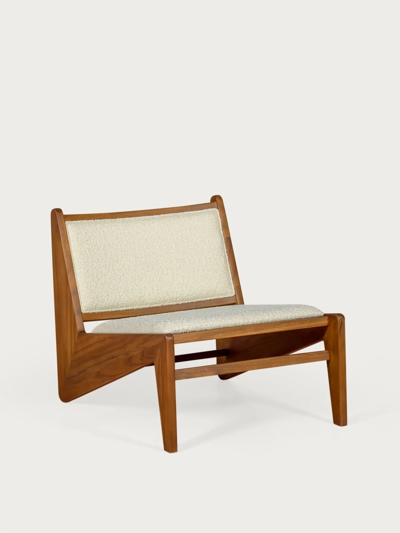 Matala nojatuoli teak-puuta ja verhoiltu bouclé-kankaalla - Compass FurnMod - 2