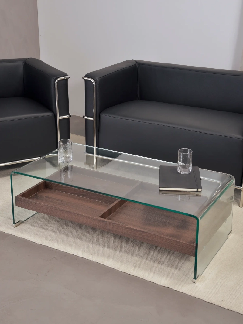 Coffee table in curved glass with wooden drawer - Pot FurnMod - 1