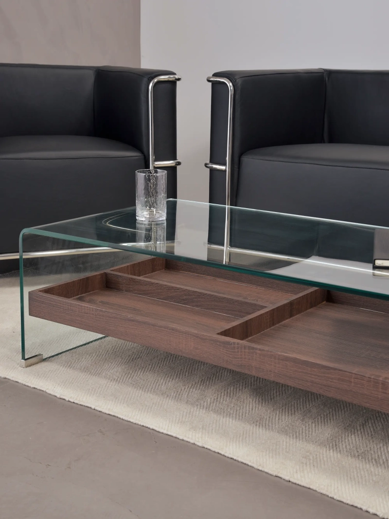 Coffee table in curved glass with wooden drawer - Pot FurnMod - 4