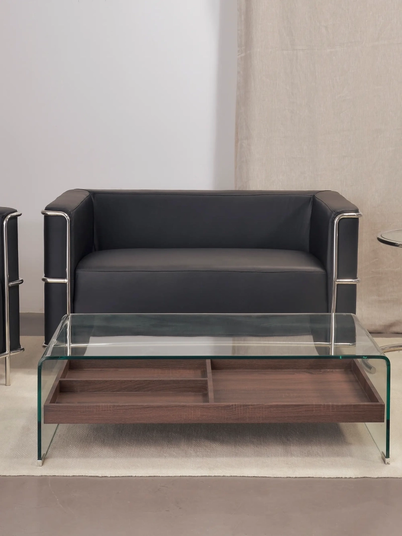 Coffee table in curved glass with wooden drawer - Pot FurnMod - 1