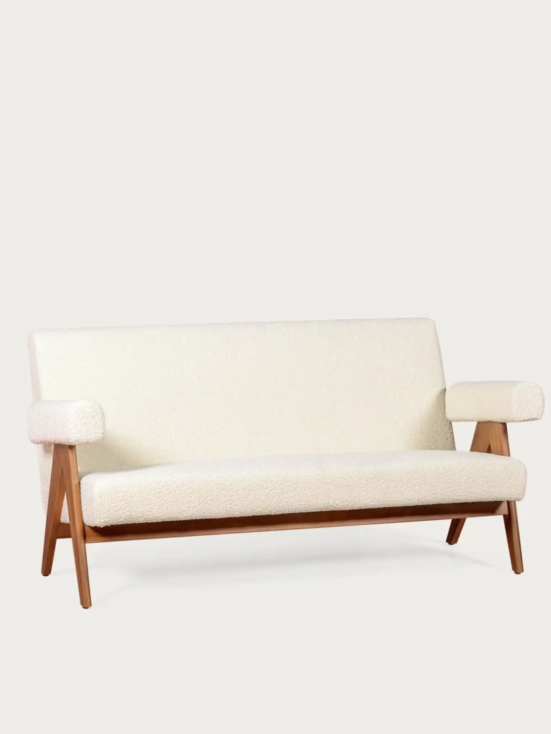 Sofa w stylu vintage z drewna tekowego i tapicerką boucle - West FurnMod - 2