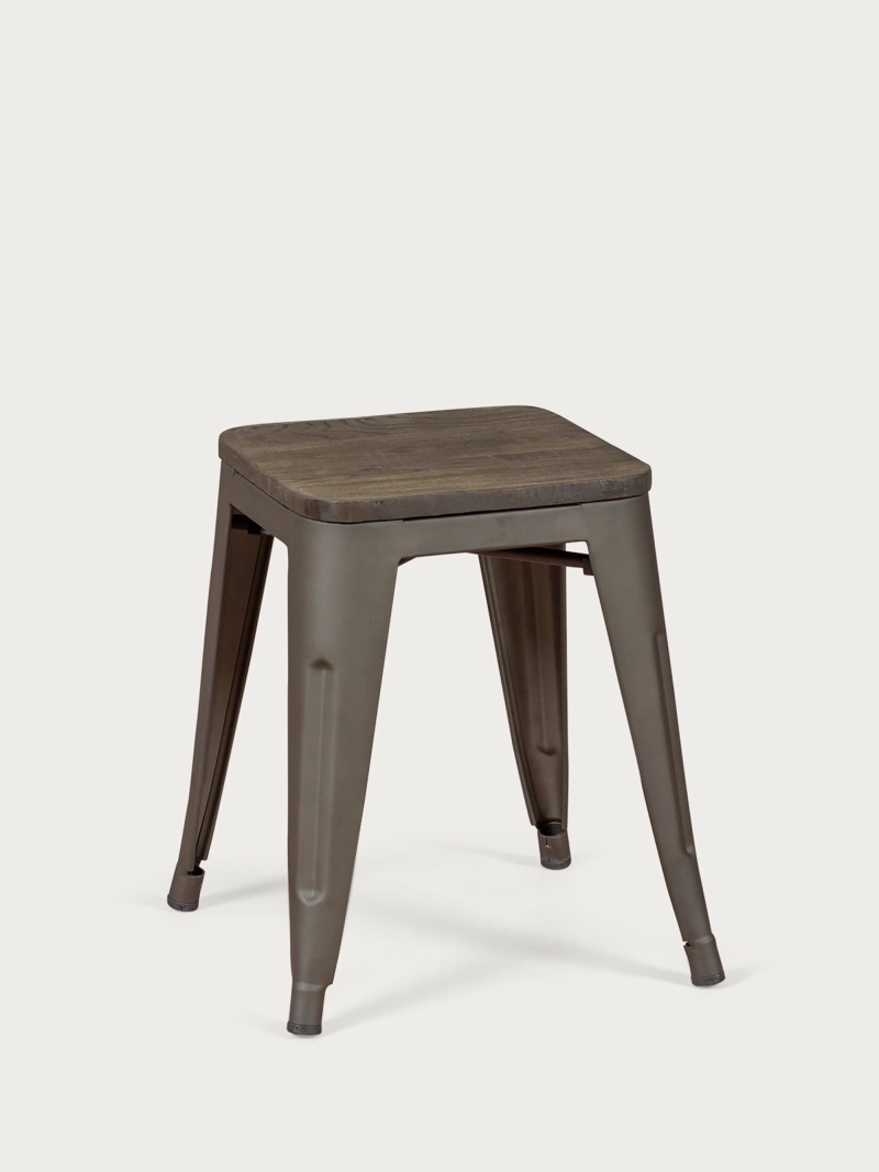 Taburete bajo industrial en acero envejecido y asiento de madera (45cm) - Bistro FurnMod - 1