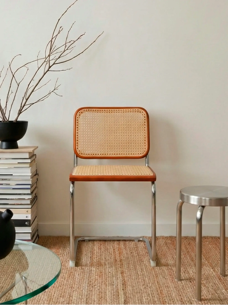 Retro dining chair in natural rattan and chrome-plated steel - Frank FurnMod - 21