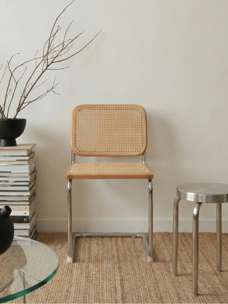 Silla de comedor retro en ratán natural y acero cromado - Frank FurnMod - 11