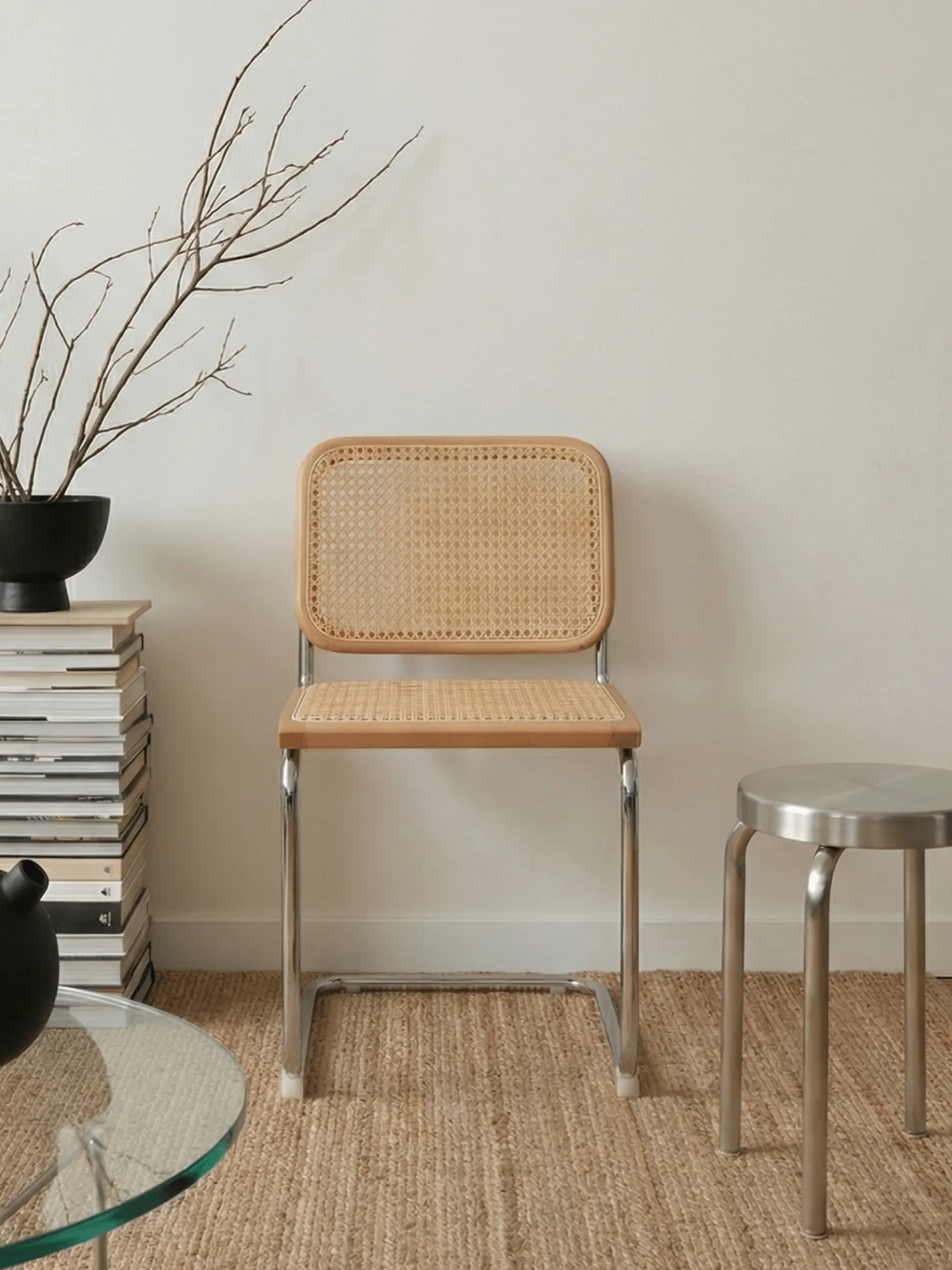 Silla de comedor retro en ratán natural y acero cromado - Frank FurnMod - 11