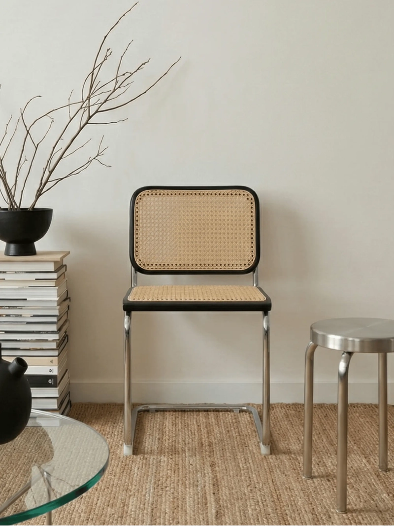 Silla de comedor retro en ratán natural y acero cromado - Frank FurnMod - 1