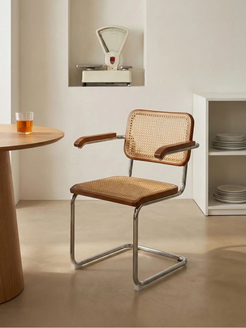 Retro chair with armrests in natural rattan and beech wood - Frank FurnMod - 26