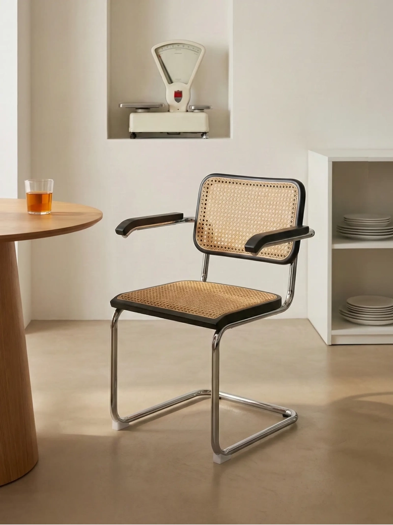 Silla retro con reposabrazos en ratán natural y madera de haya - Frank FurnMod - 1