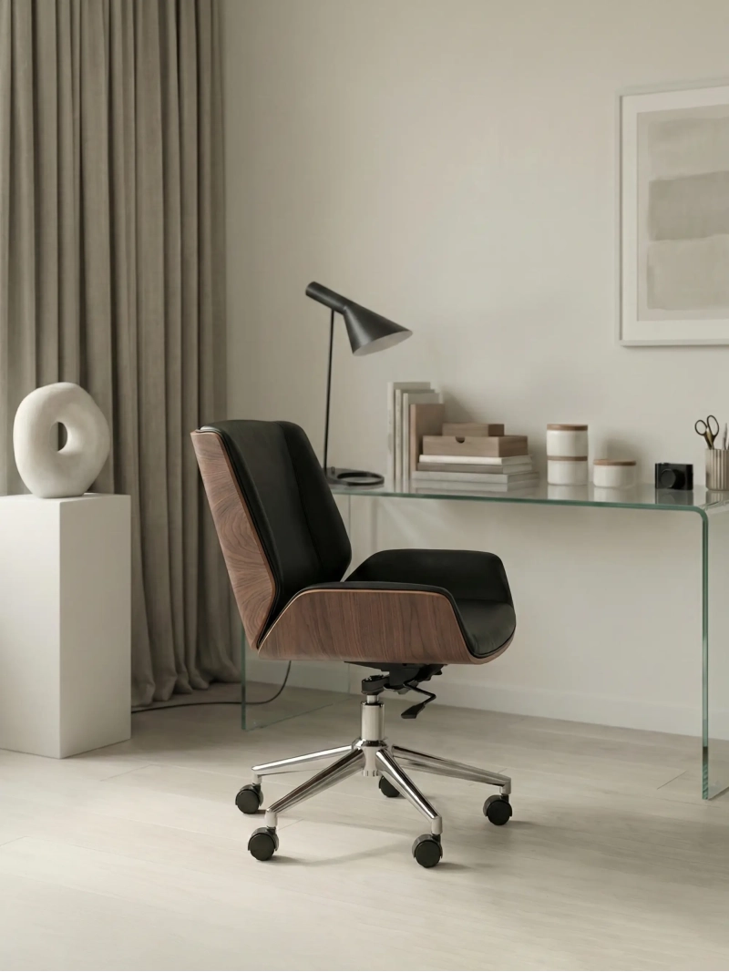 Silla de oficina con madera de nogal y tapizada en piel italiana - Nordic FurnMod - 4