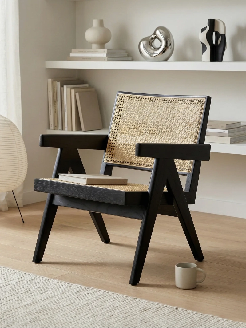Klasszikus karosszék karfával, teakfa és természetes rattan - Compass FurnMod - 13