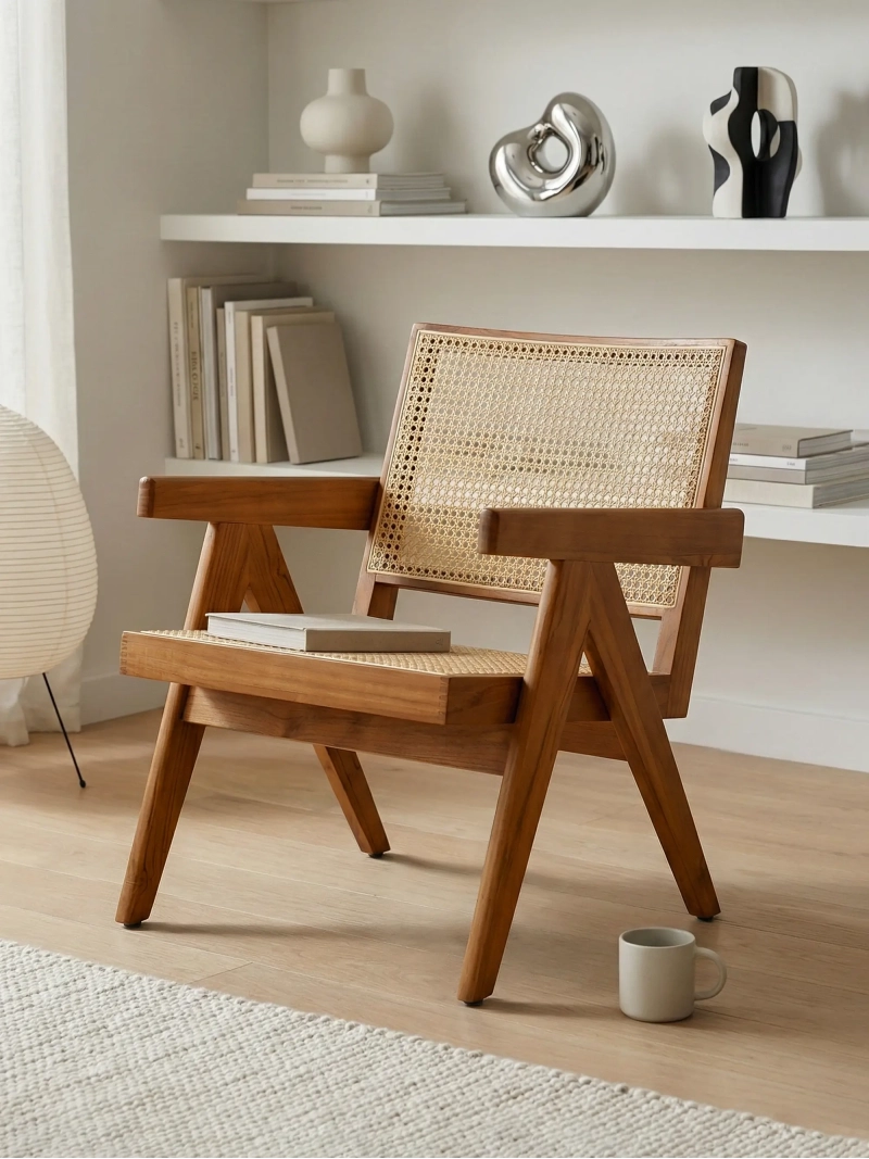 Poltrona classica con braccioli in legno di teak e rattan naturale - Compass FurnMod - 1