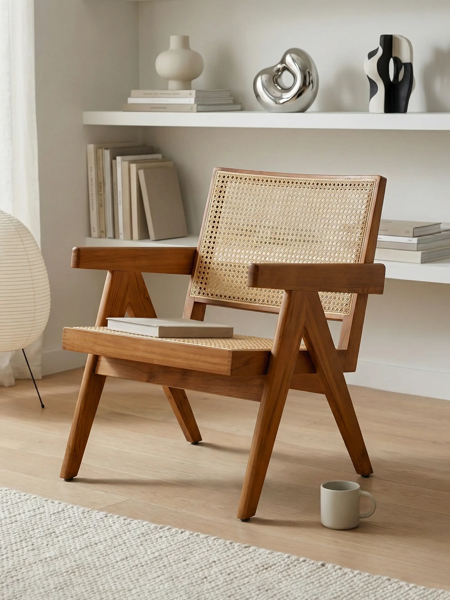 Klasszikus karosszék karfával, teakfa és természetes rattan - Compass FurnMod - 1