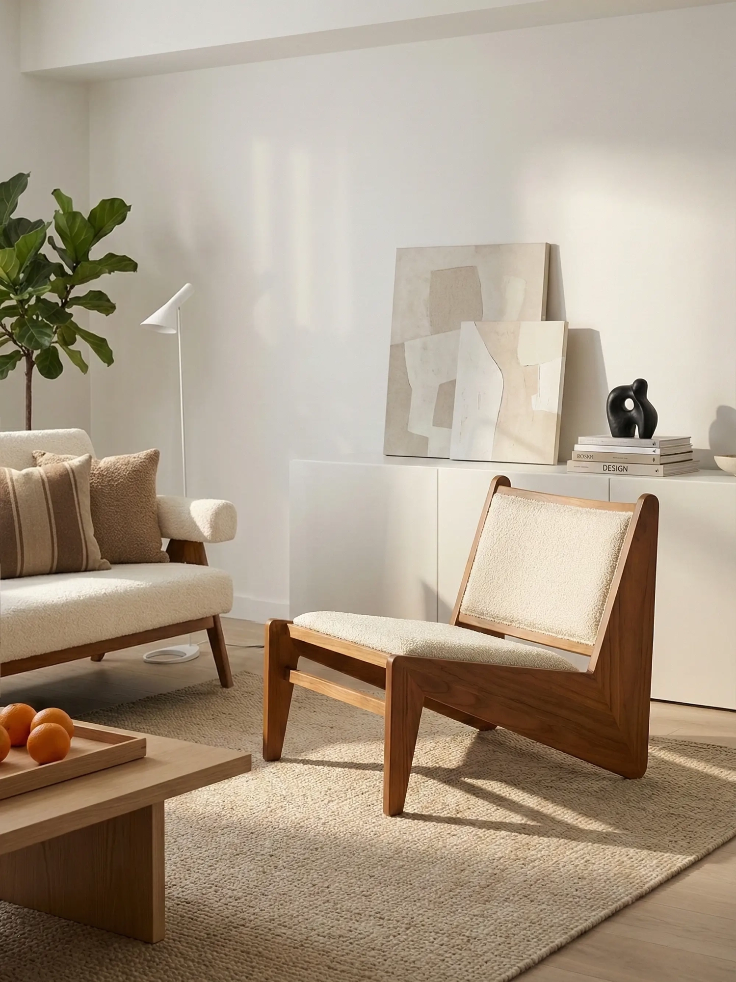Sillón bajo en madera de teca y tapizado en tejido bouclé - Compass FurnMod - 1