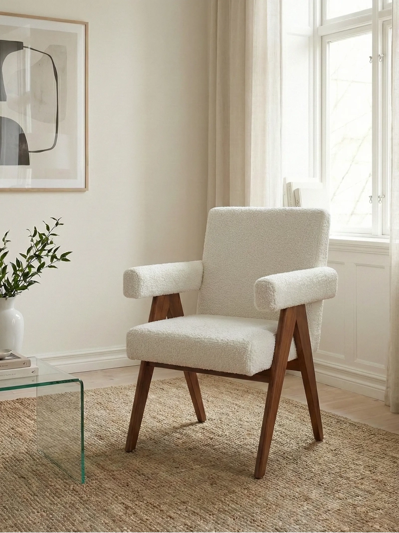 Sillón rústico con reposabrazos en madera de teca y tejido bouclé - Compass FurnMod - 1