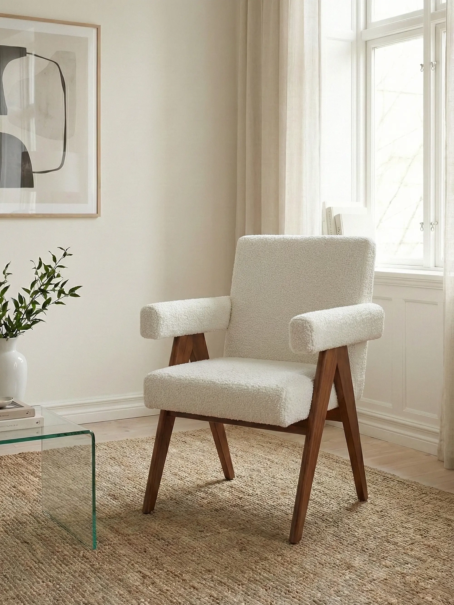 Fauteuil rustique avec accoudoirs en teck et tissu bouclé - Compass FurnMod - 1