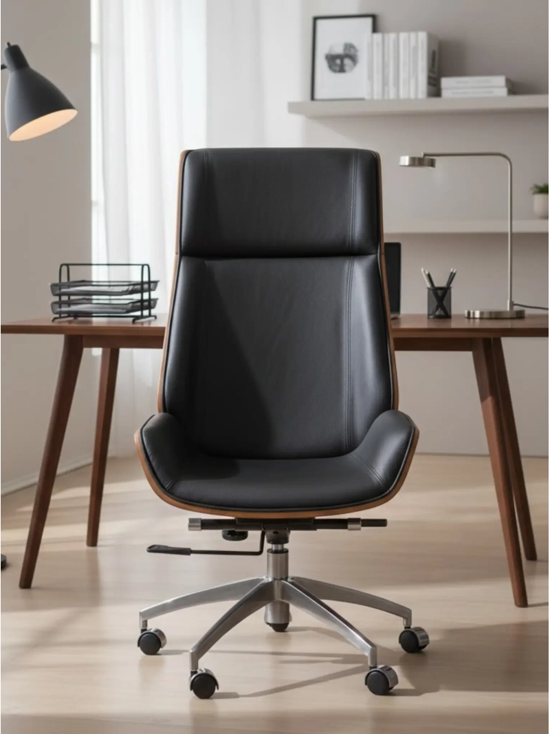 Nordic Scaun de birou cu spătar înalt din lemn de nuc cu piele italiană integrală - FurnMod