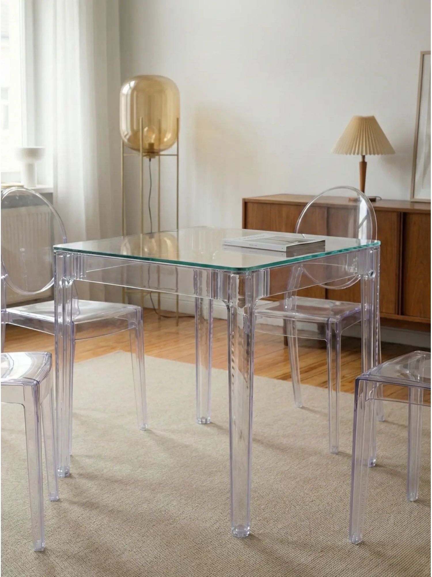 Square glass table with transparent legs (80x80) - Ghost FurnMod - 1