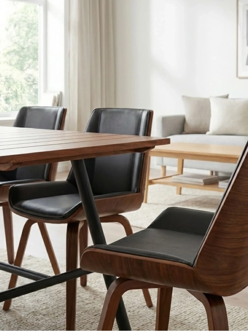 Walnut Wood and Leatherette Dining Chair - Nordic S FurnMod - 4