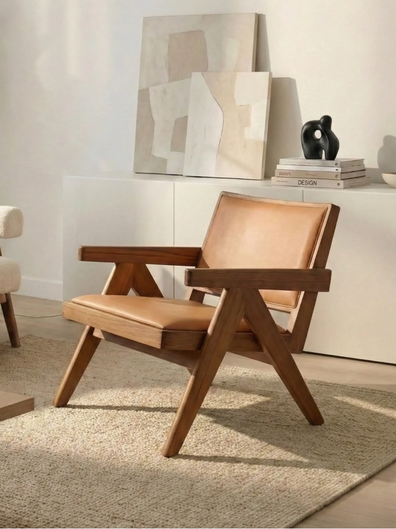 Vintage fauteuil met armleuningen in teakhout en Italiaans leer - Compass FurnMod - 1