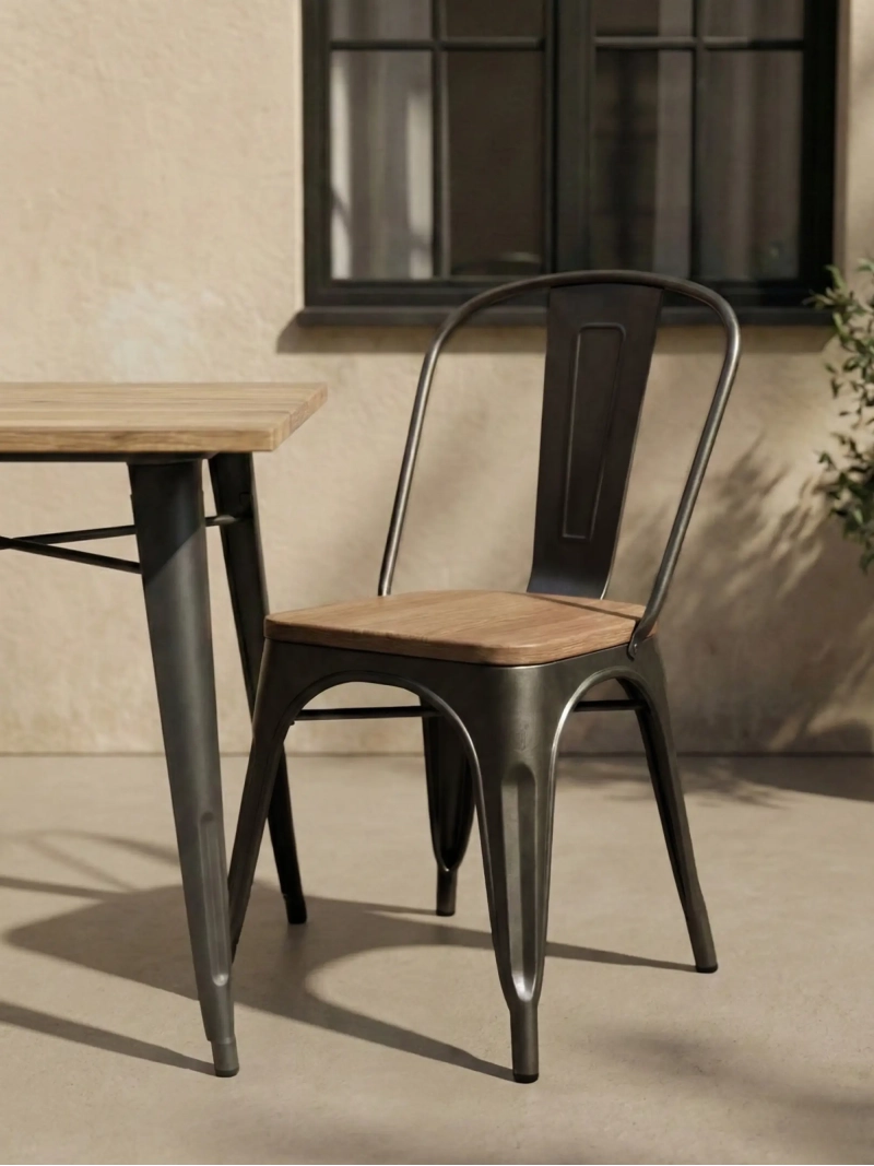 Silla metálica con asiento de madera de olmo - Bistro FurnMod - 1