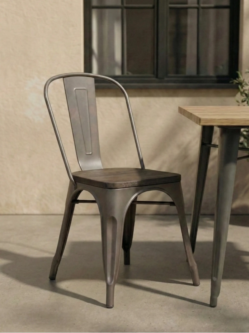 Silla industrial envejecida con asiento de madera oscura - Bistro FurnMod - 1