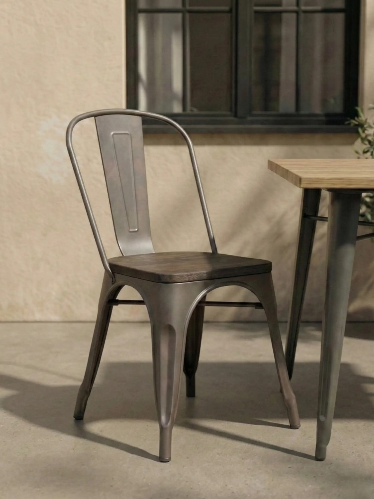 Aged industrial chair with dark wood seat - Bistro FurnMod - 1