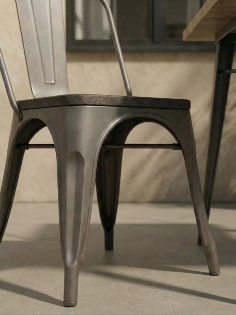 Aged industrial chair with dark wood seat - Bistro FurnMod - 1