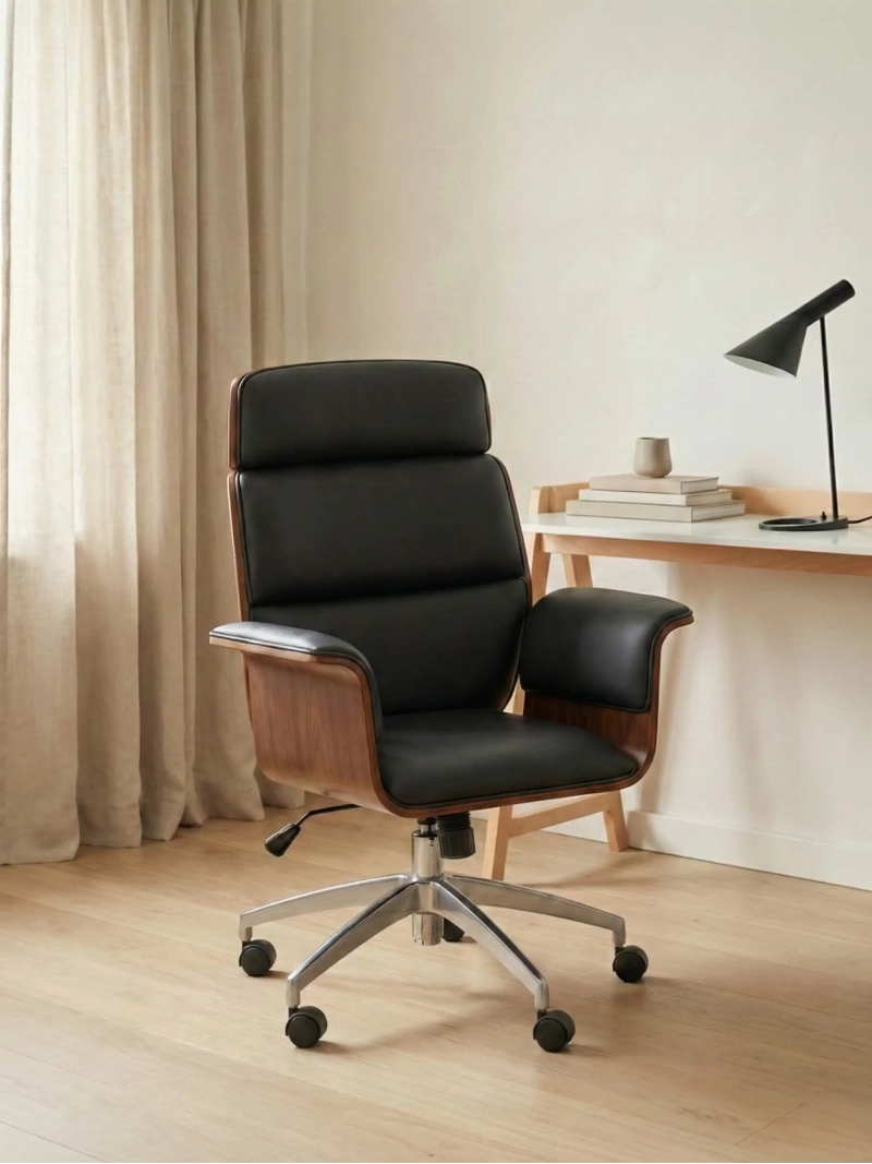 Silla de oficina para ejecutivos en madera oscura de nogal y tapizada en polipiel - Nordic S FurnMod - 1