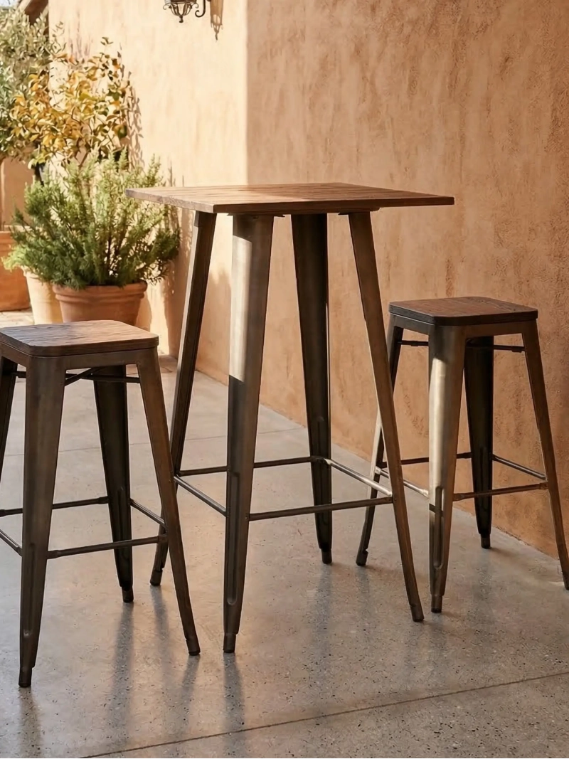 Mesa alta industrial en acero envejecido y madera oscura - Bistro FurnMod - 1