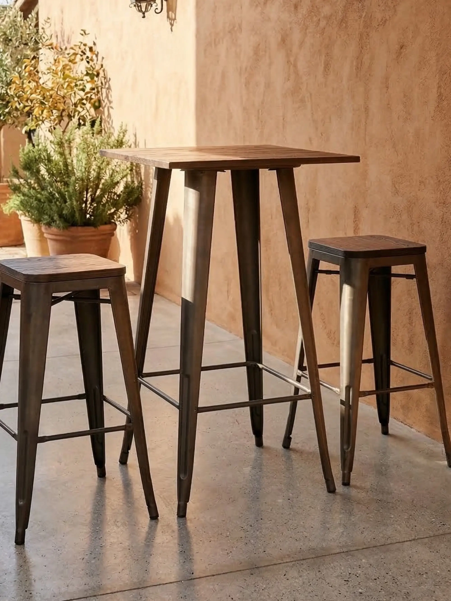 Masă înaltă industrială din oțel îmbătrânit și lemn întunecat - Bistro FurnMod - 1