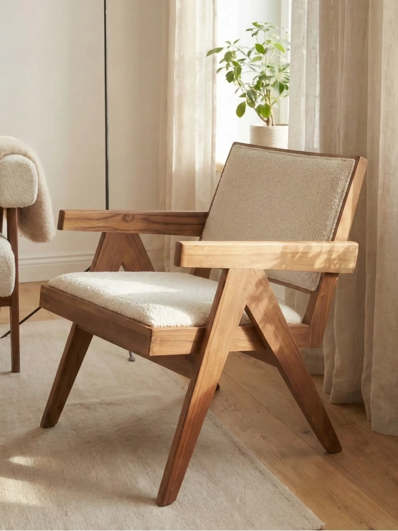 Sillón clásico con reposabrazos en madera de teca y tejido bouclé - Compass FurnMod - 1