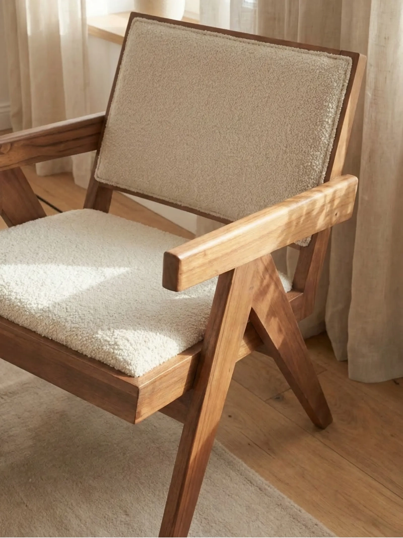 Klassisk fåtölj med armstöd i teakträ och bouclé tyg - Compass FurnMod - 10