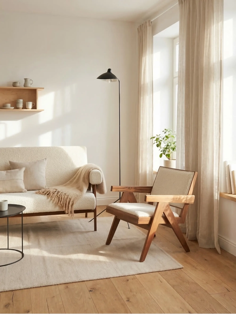 Sillón clásico con reposabrazos en madera de teca y tejido bouclé - Compass FurnMod - 6