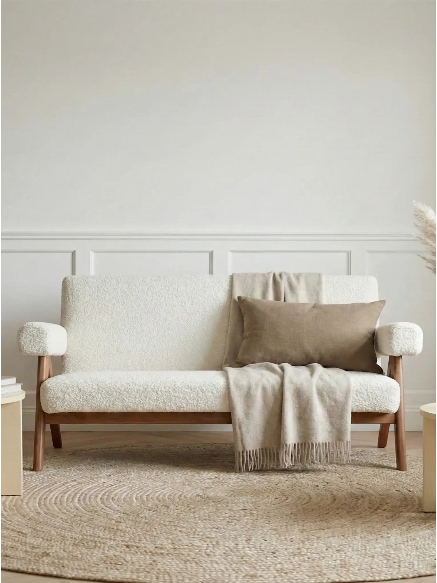 Canapea vintage din lemn de tec și tapițerie boucle - West FurnMod - 1