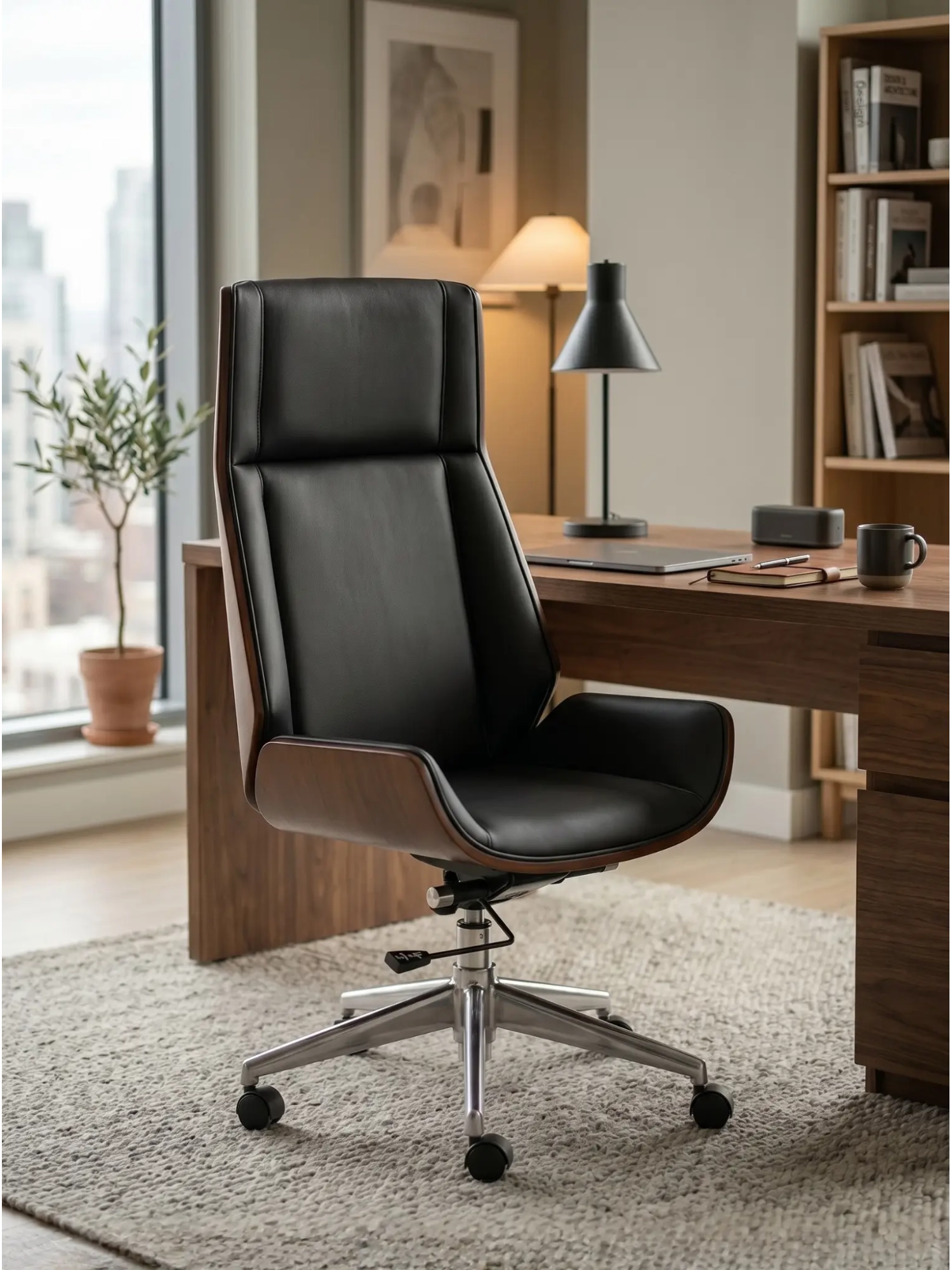 Nordic S | Silla de oficina con respaldo de madera de nogal y piel sintética FurnMod