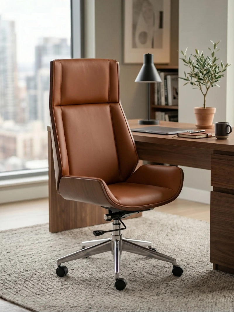 Nordic High-Back Walnut Office Chair with Italian Full-Grain Leather - FurnMod