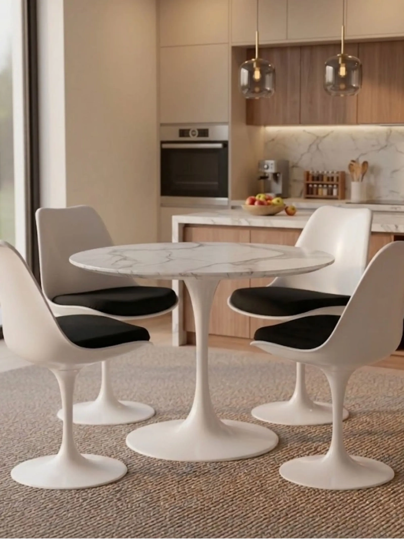Mesa de comedor redonda de alta gama en mármol blanco de Carrara (80 cm) - Dining Lotus FurnMod - 1