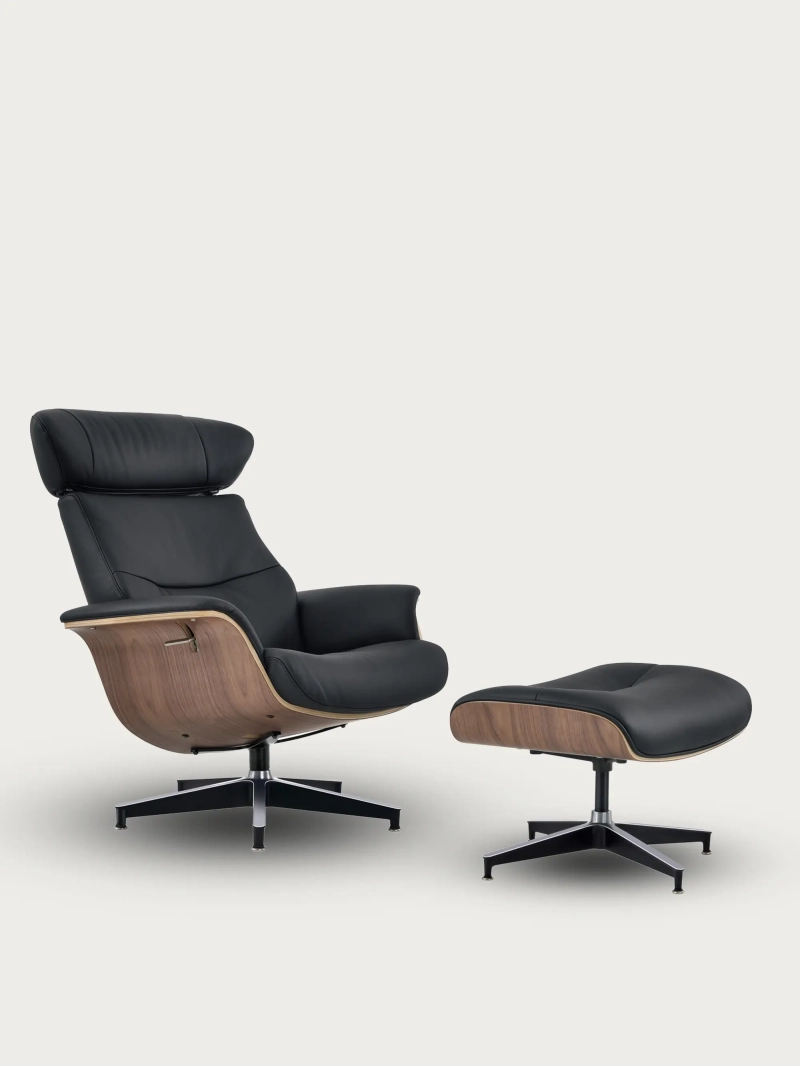 Reclining Leather Lounge Chair with Matching Footstool – Cleveland Furnmod, ex Nest Dream- 1